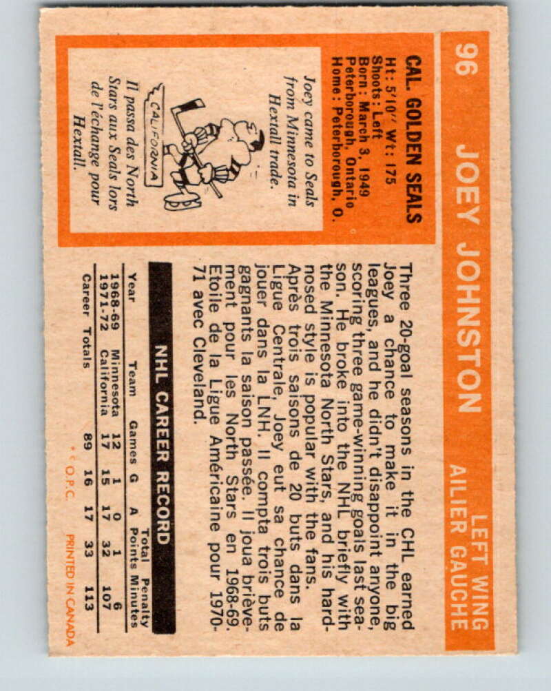 1972-73 O-Pee-Chee #96 Joey Johnston California Golden Seals V3703