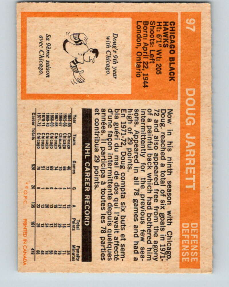 1972-73 O-Pee-Chee #97 Doug Jarrett Chicago Blackhawks V3706