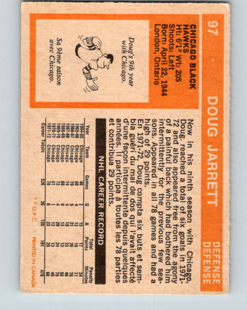 1972-73 O-Pee-Chee #97 Doug Jarrett Chicago Blackhawks V3709