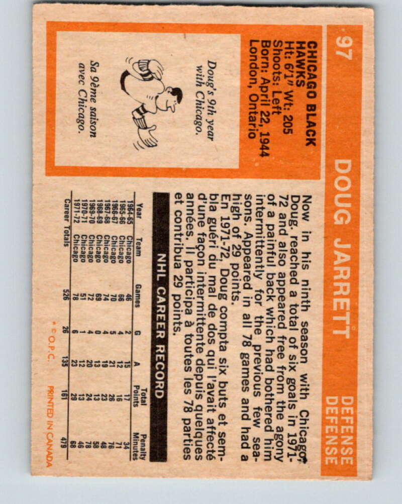1972-73 O-Pee-Chee #97 Doug Jarrett Chicago Blackhawks V3711