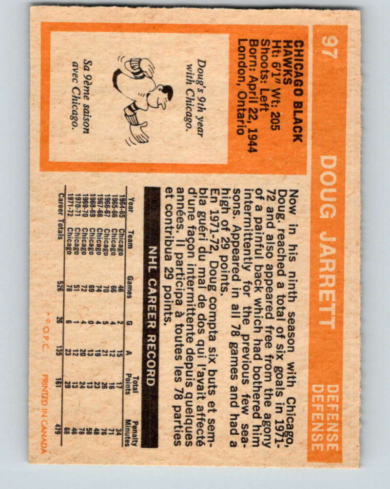 1972-73 O-Pee-Chee #97 Doug Jarrett Chicago Blackhawks V3712