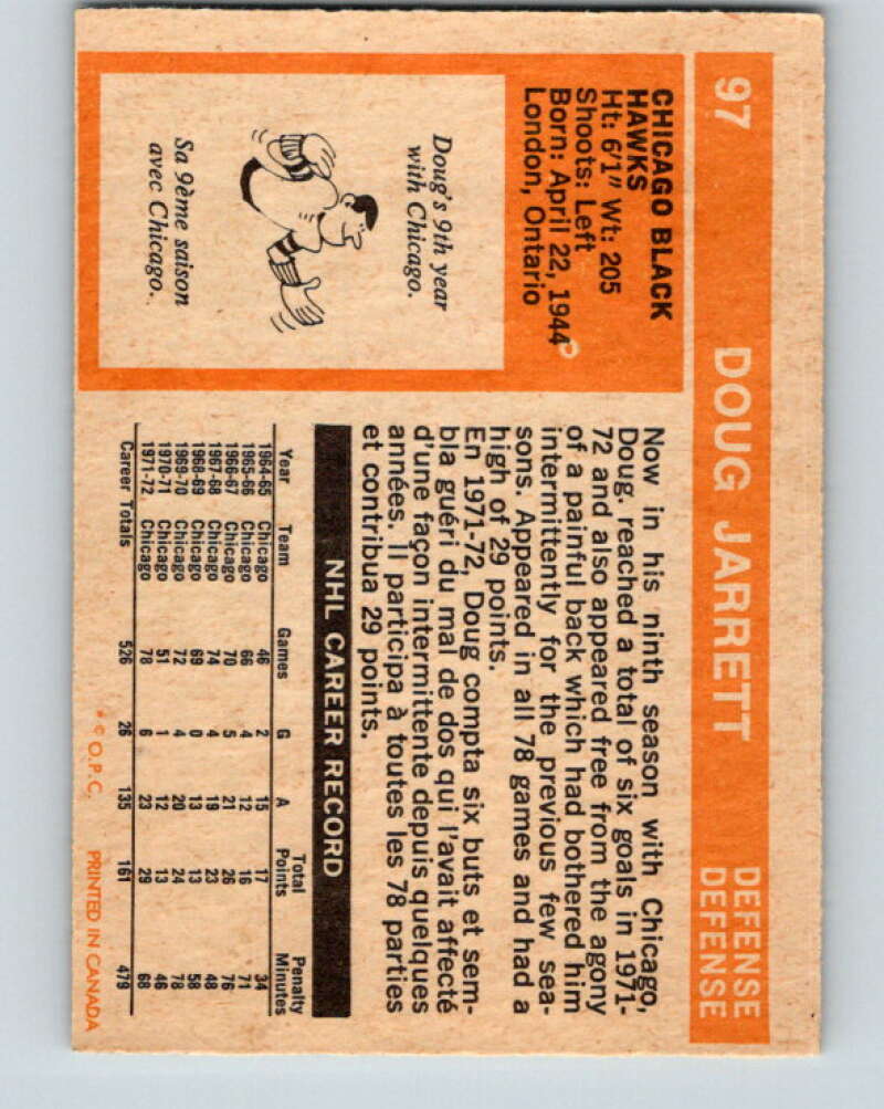 1972-73 O-Pee-Chee #97 Doug Jarrett Chicago Blackhawks V3716