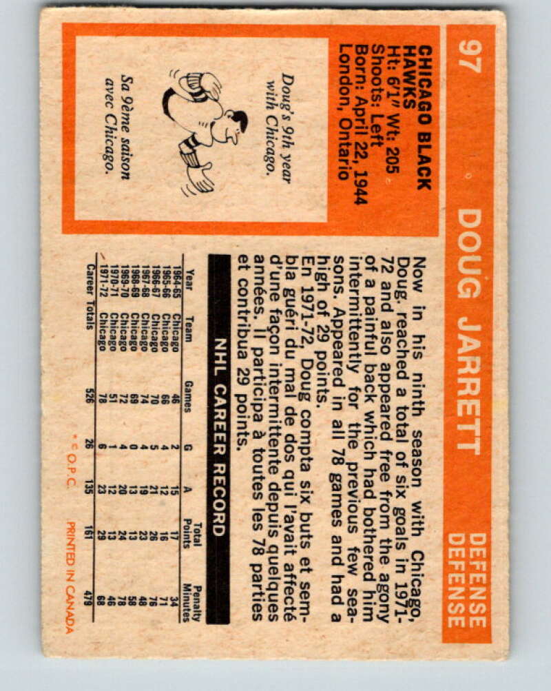 1972-73 O-Pee-Chee #97 Doug Jarrett Chicago Blackhawks V3718