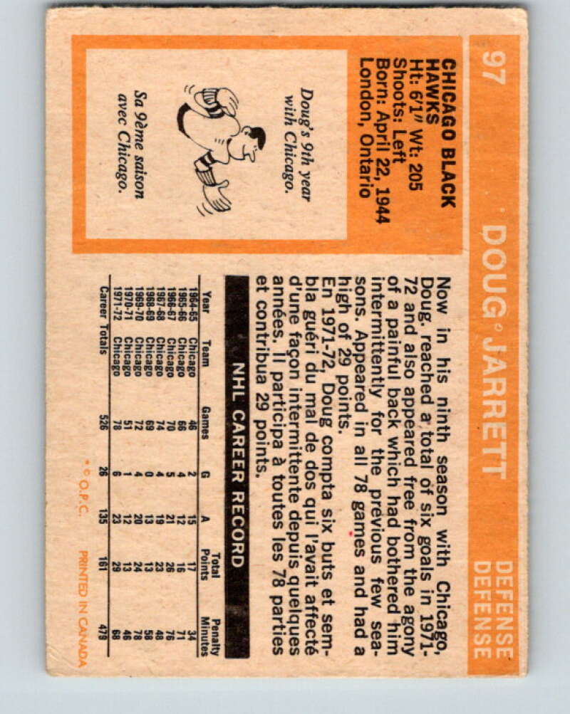1972-73 O-Pee-Chee #97 Doug Jarrett Chicago Blackhawks V3719