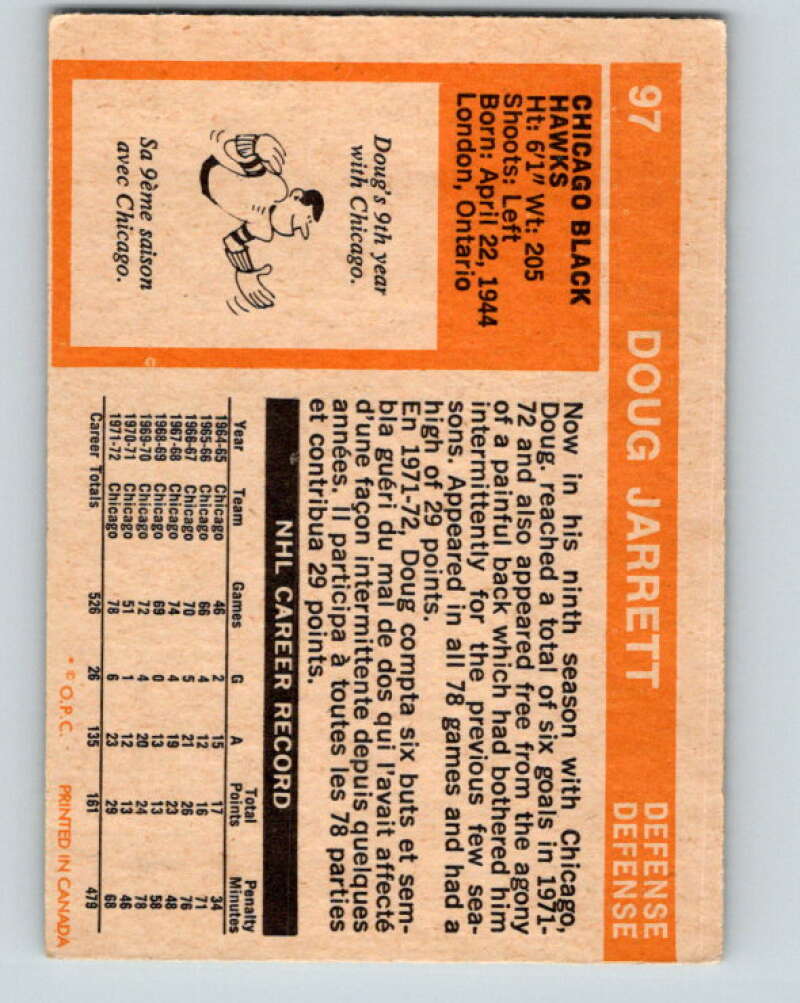 1972-73 O-Pee-Chee #97 Doug Jarrett Chicago Blackhawks V3721