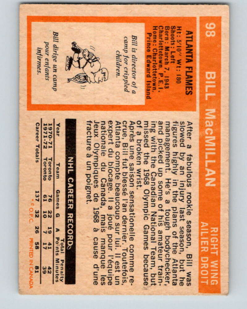 1972-73 O-Pee-Chee #98 Bill MacMillan RC Rookie Atlanta Flames V3722