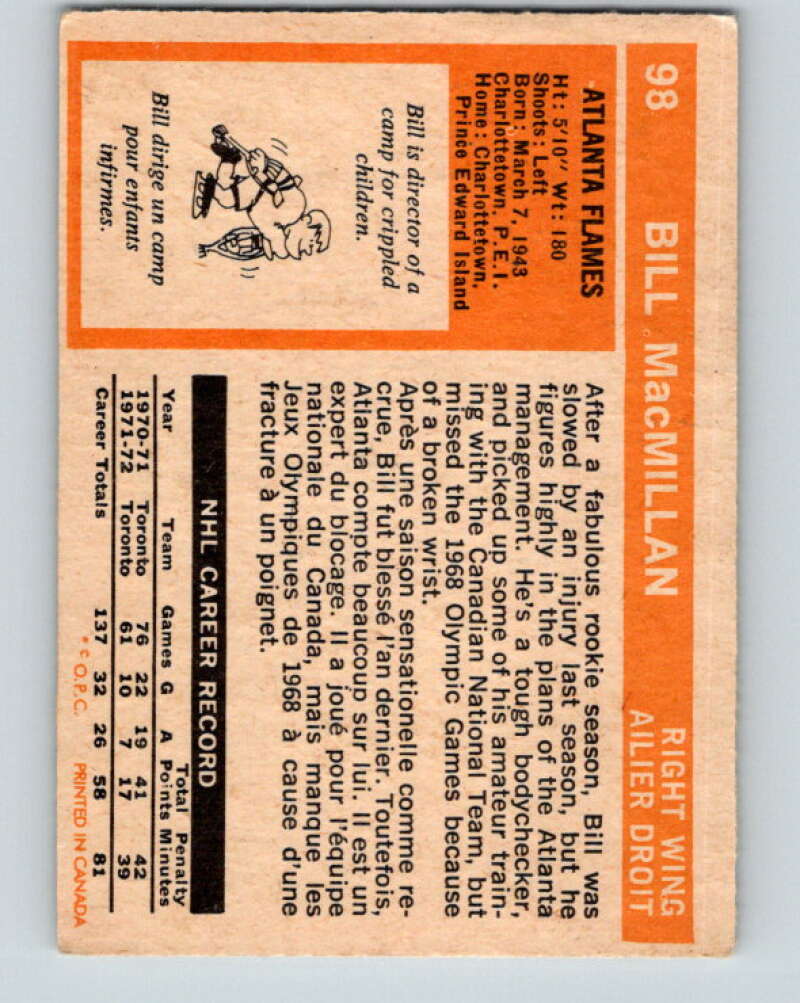 1972-73 O-Pee-Chee #98 Bill MacMillan RC Rookie Atlanta Flames V3723