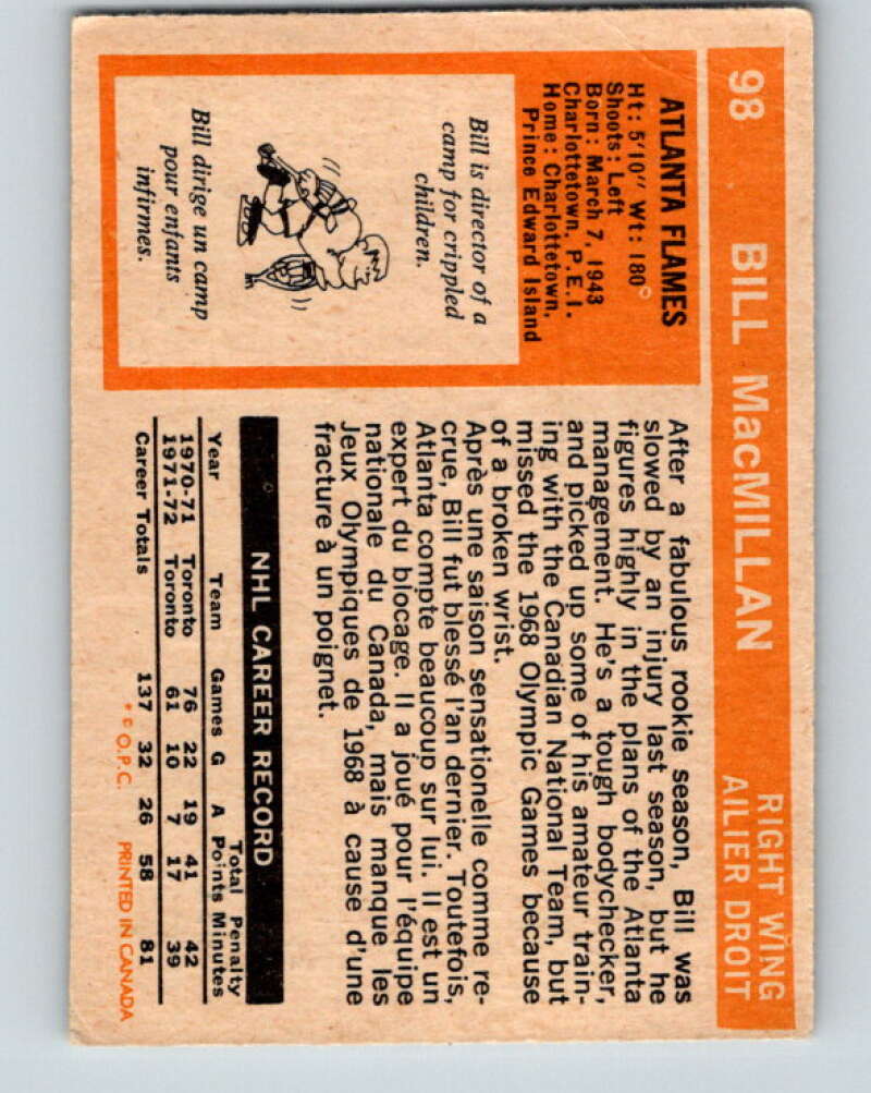 1972-73 O-Pee-Chee #98 Bill MacMillan RC Rookie Atlanta Flames V3724