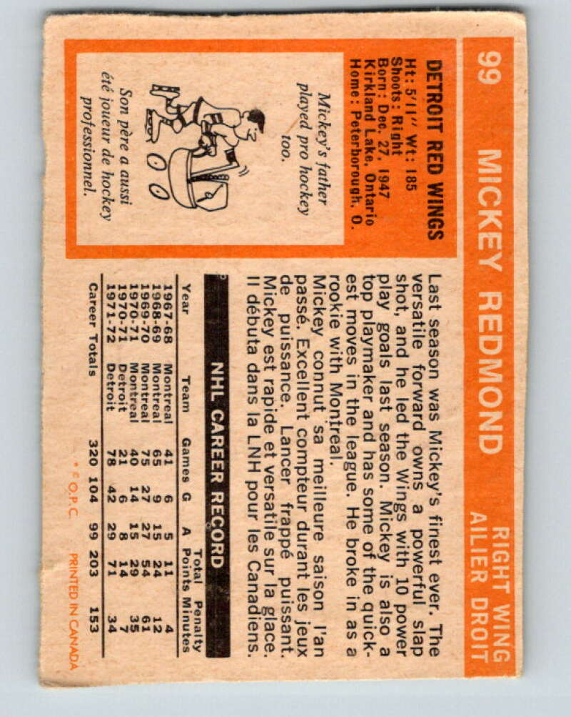 1972-73 O-Pee-Chee #99 Mickey Redmond Detroit Red Wings V3725