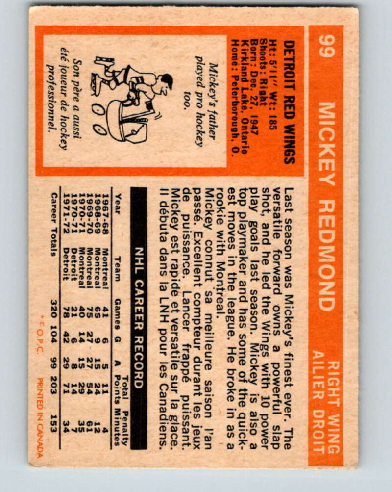 1972-73 O-Pee-Chee #99 Mickey Redmond Detroit Red Wings V3726