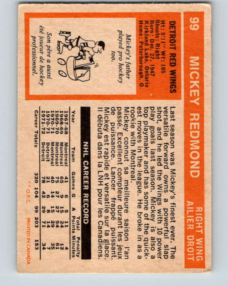 1972-73 O-Pee-Chee #99 Mickey Redmond Detroit Red Wings V3727