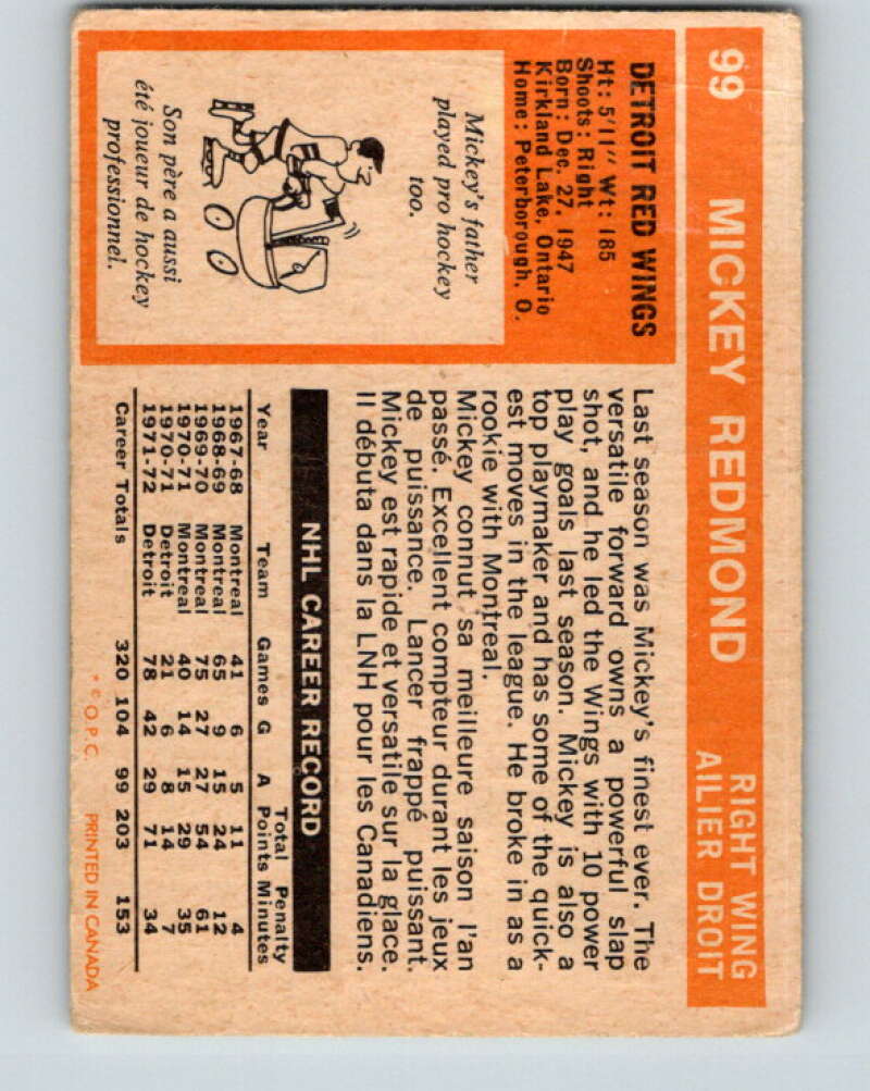 1972-73 O-Pee-Chee #99 Mickey Redmond Detroit Red Wings V3728