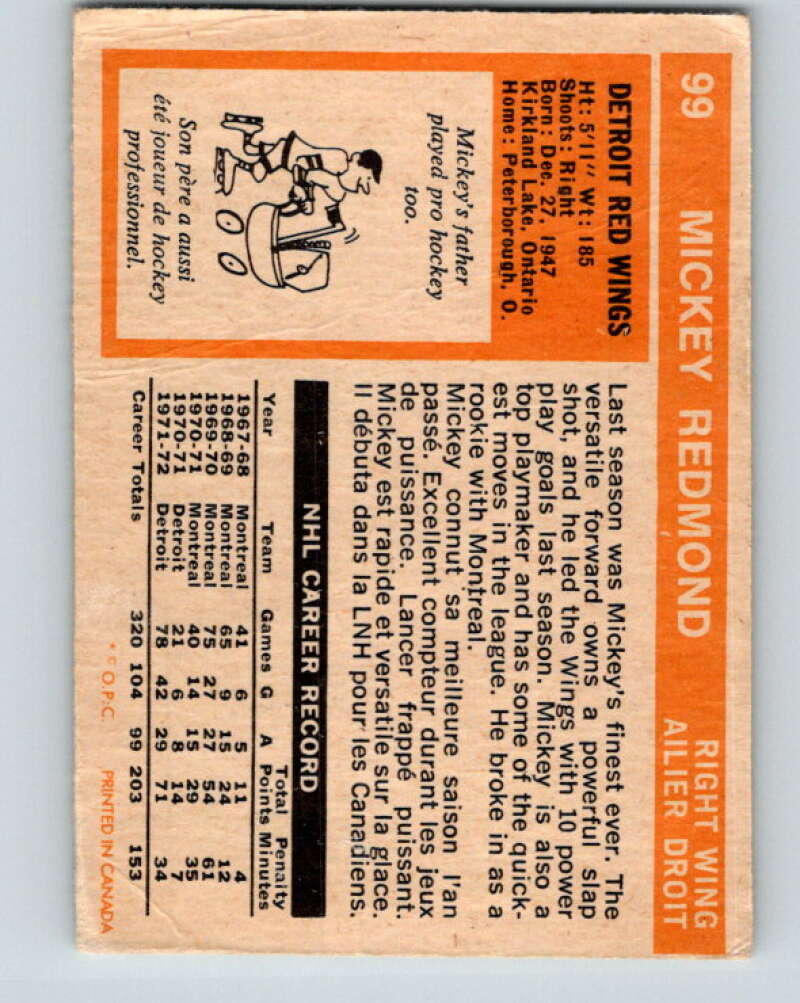 1972-73 O-Pee-Chee #99 Mickey Redmond Detroit Red Wings V3729