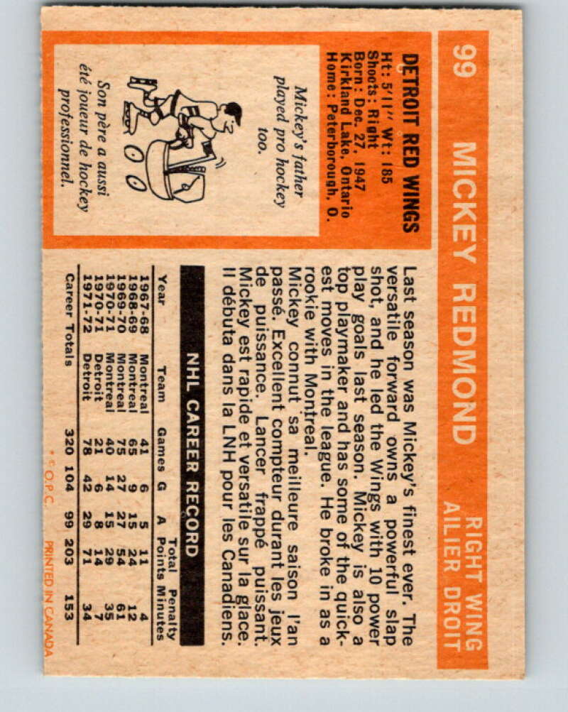 1972-73 O-Pee-Chee #99 Mickey Redmond Detroit Red Wings V3730