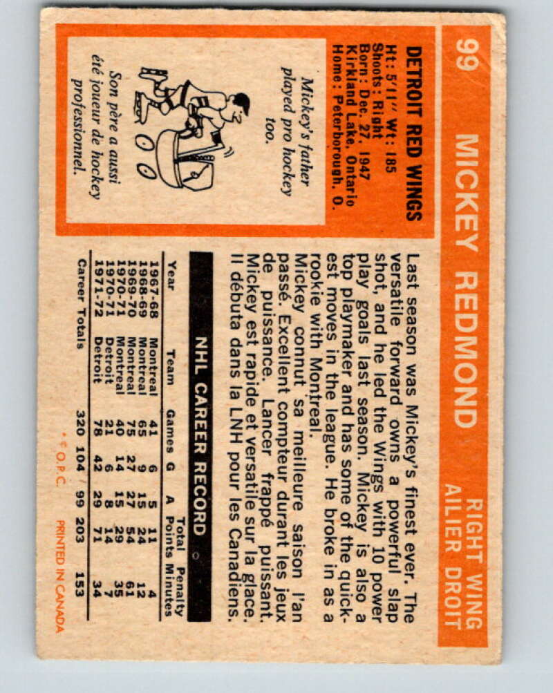 1972-73 O-Pee-Chee #99 Mickey Redmond Detroit Red Wings V3731