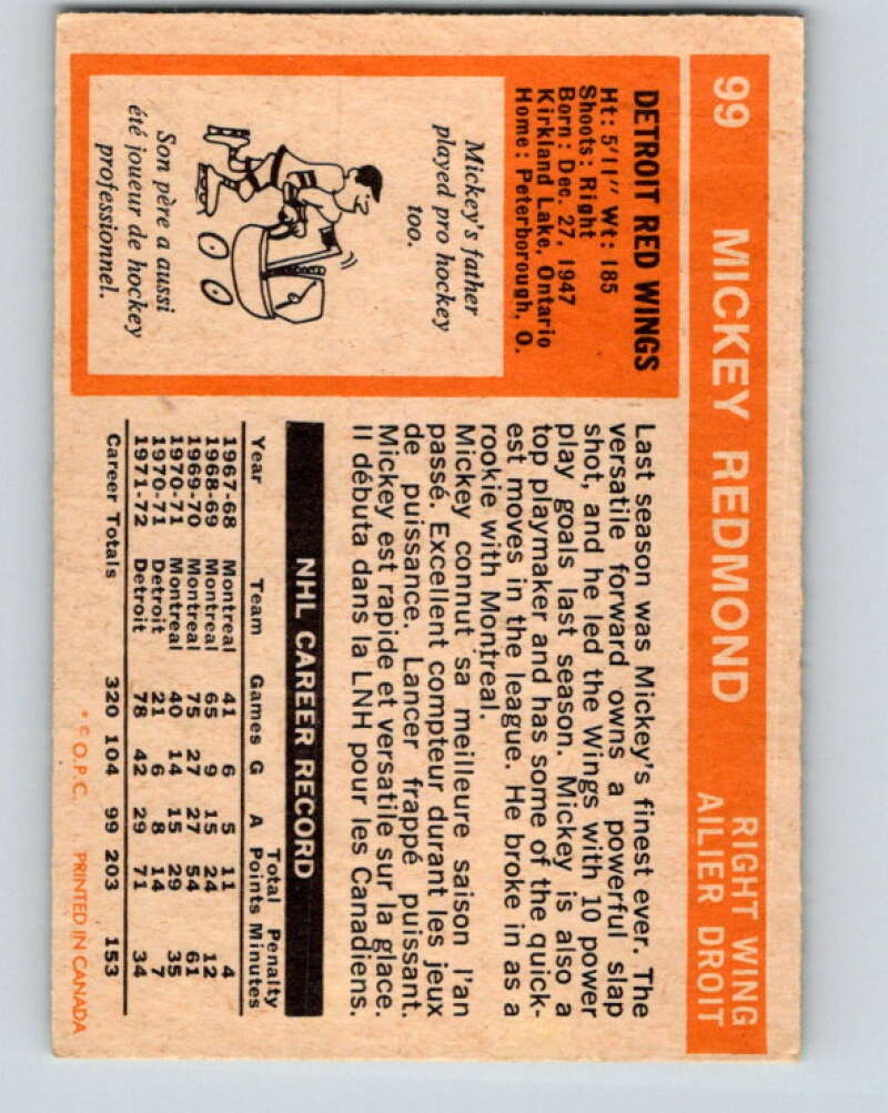1972-73 O-Pee-Chee #99 Mickey Redmond Detroit Red Wings V3732
