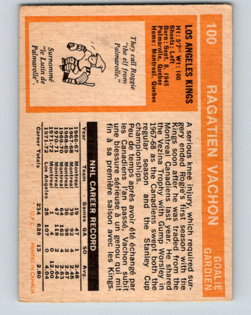 1972-73 O-Pee-Chee #100 Rogie Vachon UER Los Angeles Kings V3733