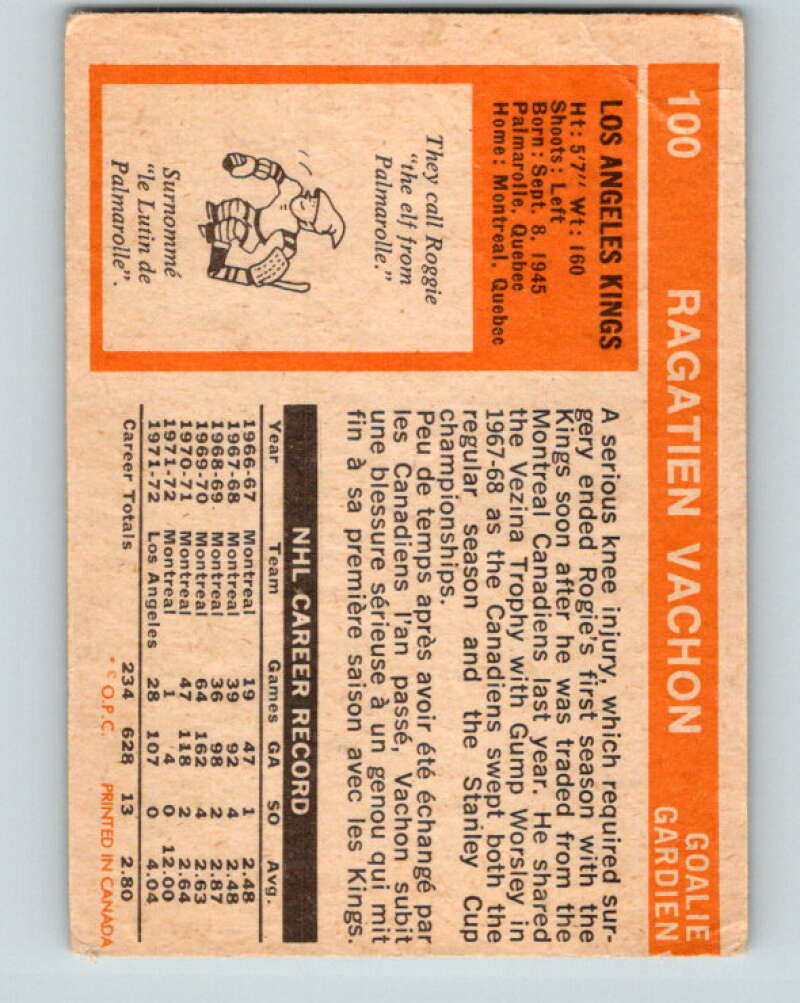 1972-73 O-Pee-Chee #100 Rogie Vachon UER Los Angeles Kings V3734