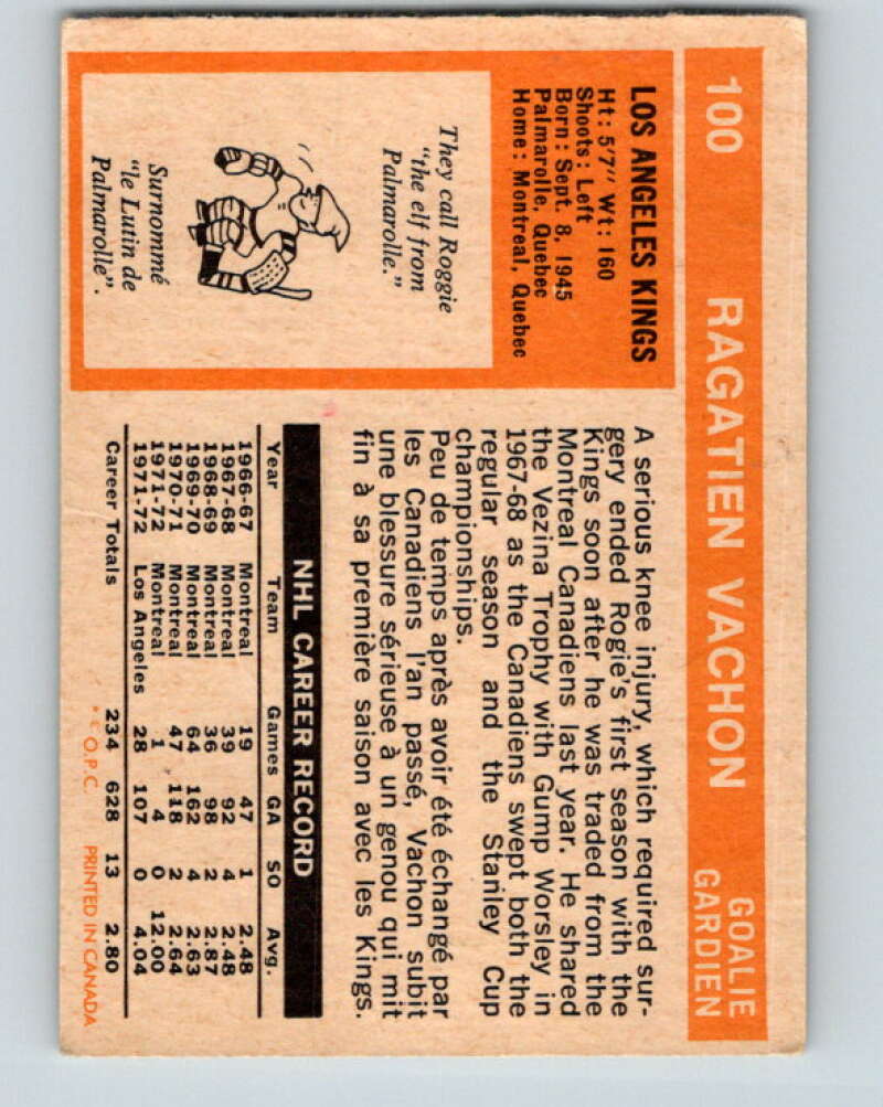 1972-73 O-Pee-Chee #100 Rogie Vachon UER Los Angeles Kings V3735