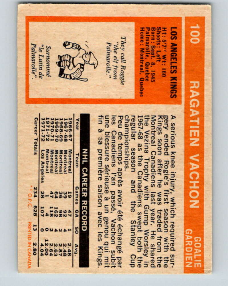1972-73 O-Pee-Chee #100 Rogie Vachon UER Los Angeles Kings V3736