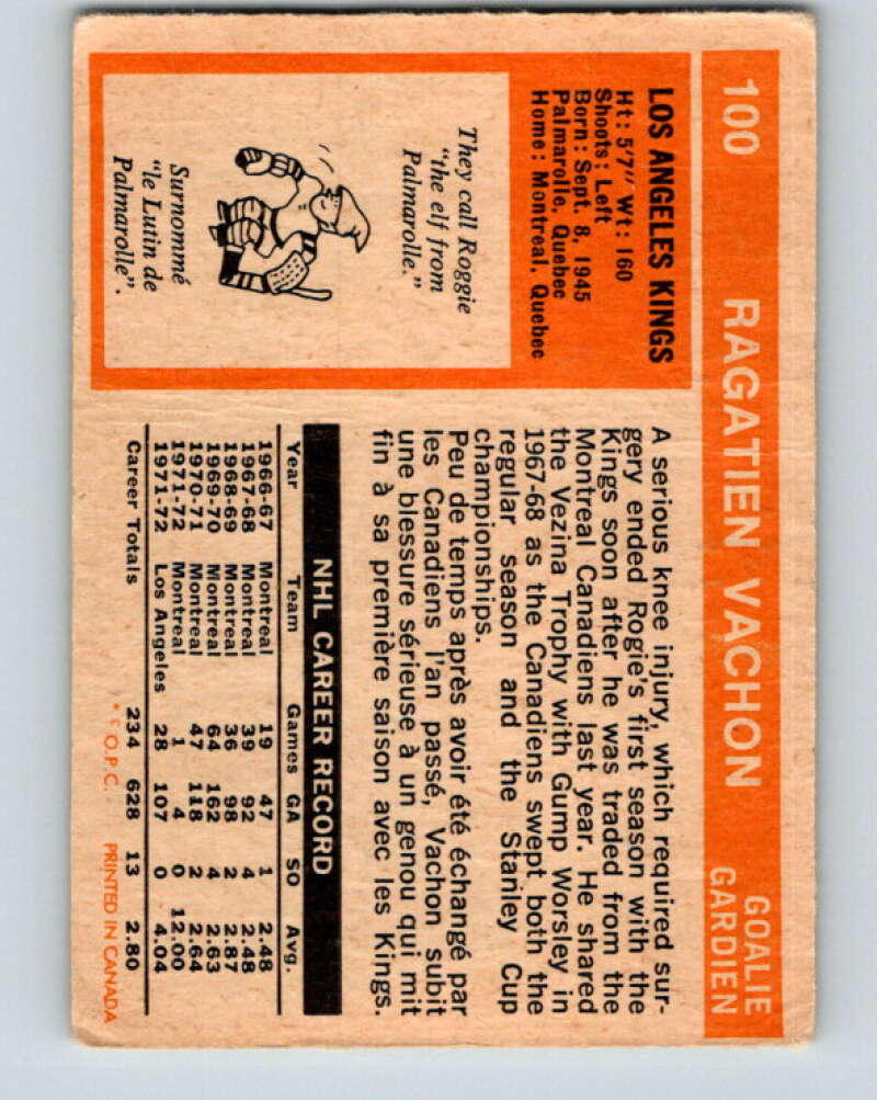 1972-73 O-Pee-Chee #100 Rogie Vachon UER Los Angeles Kings V3737