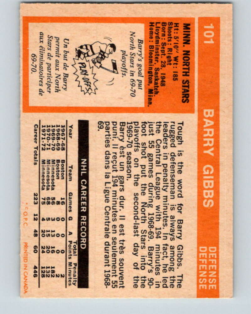 1972-73 O-Pee-Chee #101 Barry Gibbs RC Rookie Minnesota North Stars V3738