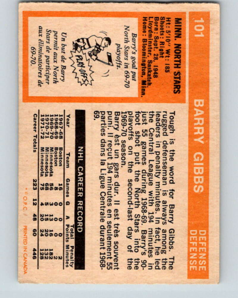 1972-73 O-Pee-Chee #101 Barry Gibbs RC Rookie Minnesota North Stars V3739