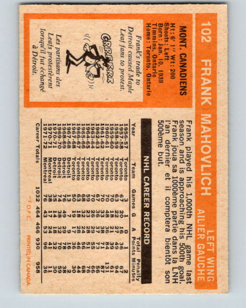 1972-73 O-Pee-Chee #102 Frank Mahovlich Montreal Canadiens V3742