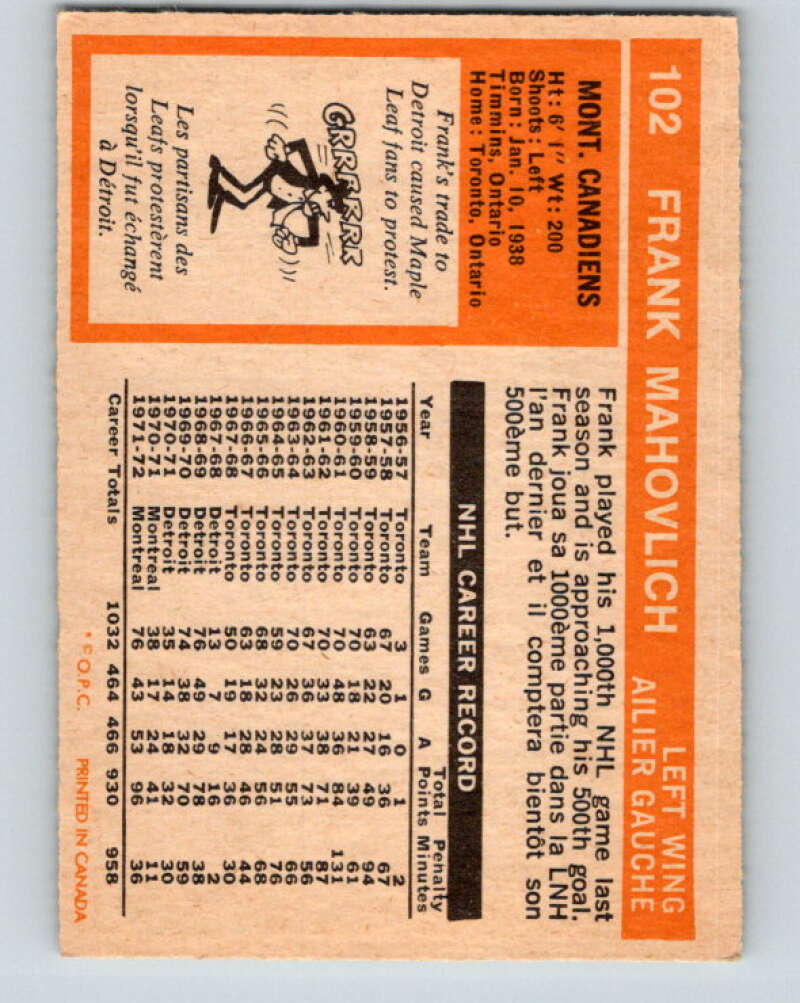 1972-73 O-Pee-Chee #102 Frank Mahovlich Montreal Canadiens V3743
