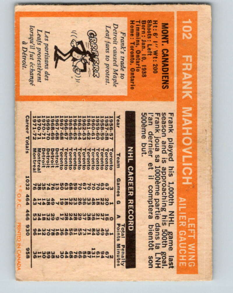 1972-73 O-Pee-Chee #102 Frank Mahovlich Montreal Canadiens V3747