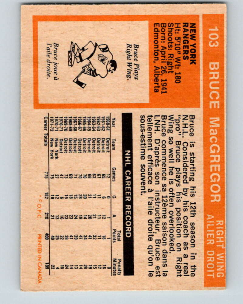 1972-73 O-Pee-Chee #103 Bruce MacGregor New York Rangers V3748