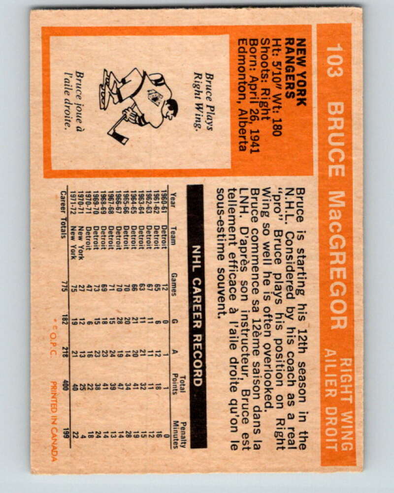1972-73 O-Pee-Chee #103 Bruce MacGregor New York Rangers V3750