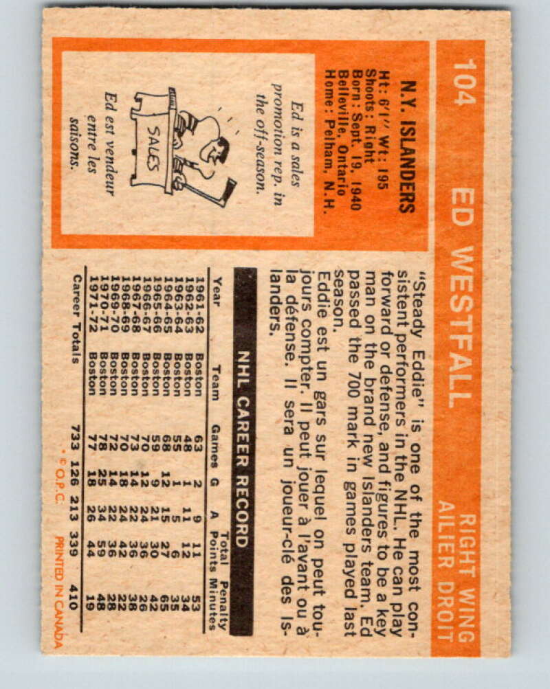 1972-73 O-Pee-Chee #104 Ed Westfall New York Islanders V3751