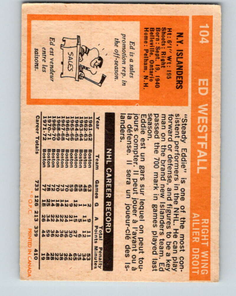1972-73 O-Pee-Chee #104 Ed Westfall New York Islanders V3752