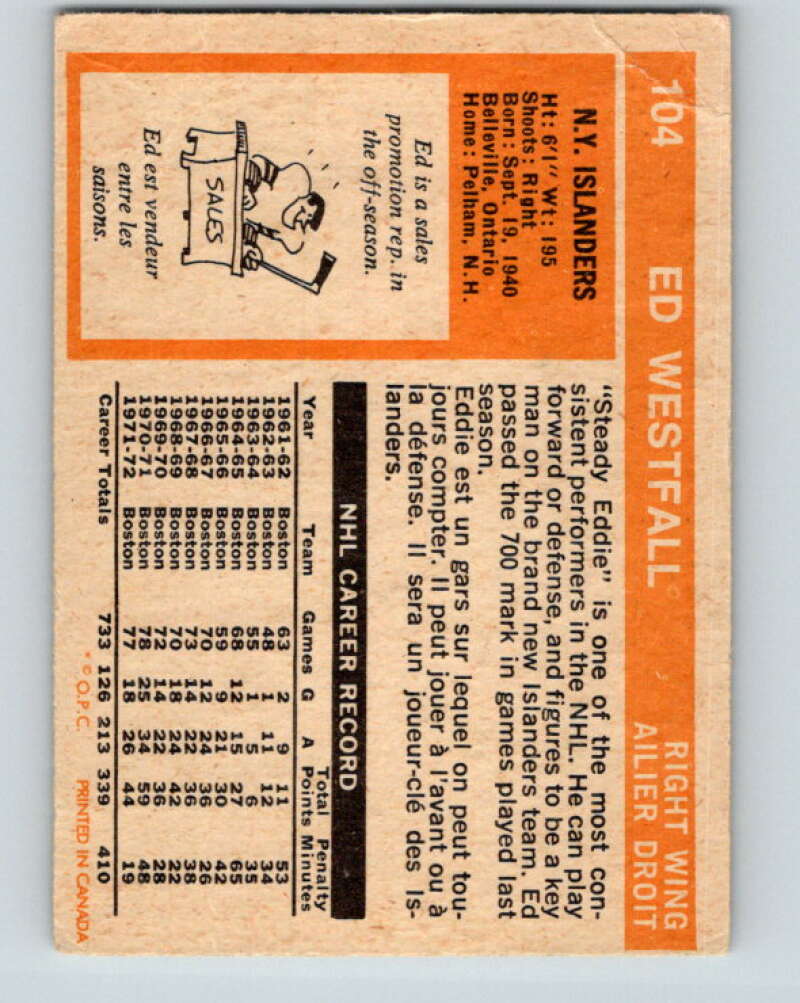 1972-73 O-Pee-Chee #104 Ed Westfall New York Islanders V3753