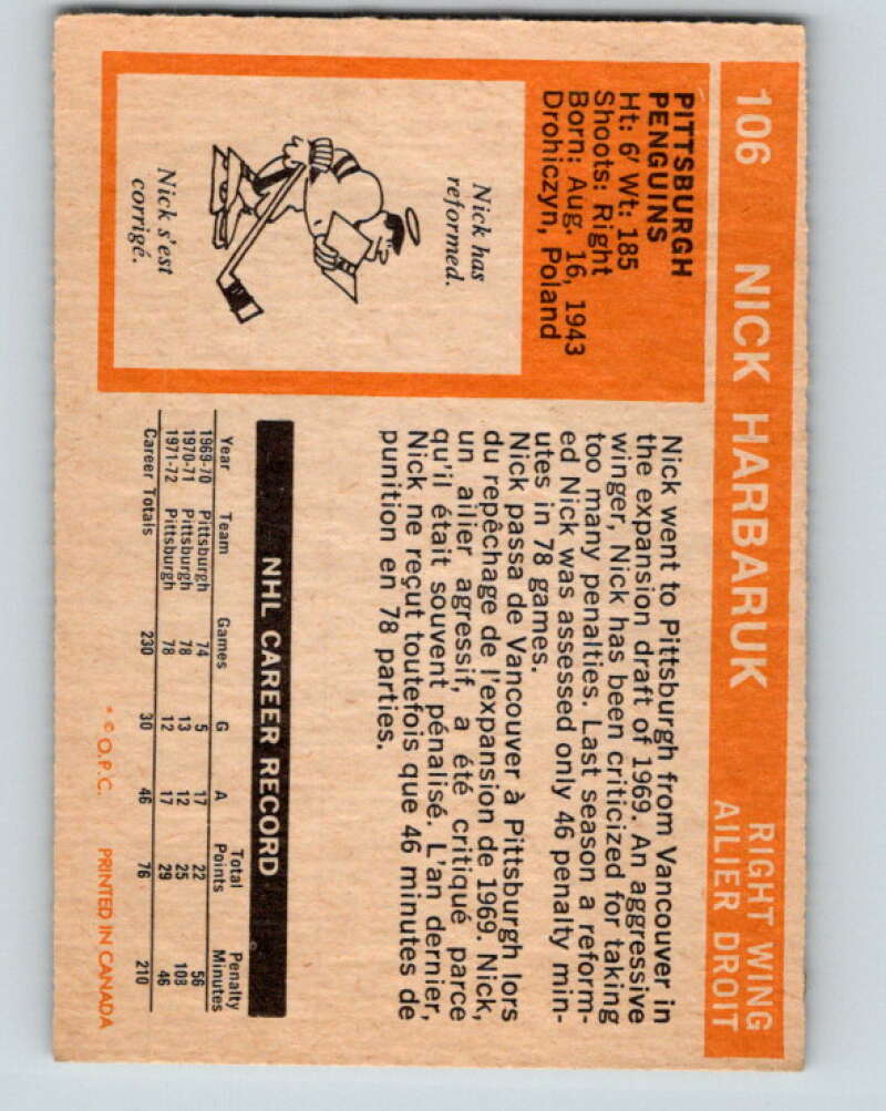 1972-73 O-Pee-Chee #106 Nick Harbaruk Pittsburgh Penguins V3762