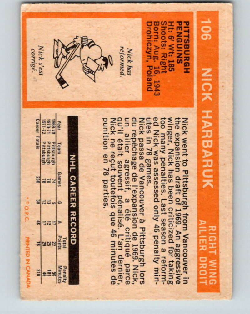 1972-73 O-Pee-Chee #106 Nick Harbaruk Pittsburgh Penguins V3763