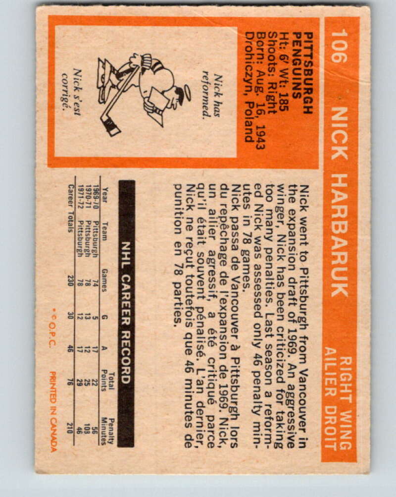 1972-73 O-Pee-Chee #106 Nick Harbaruk Pittsburgh Penguins V3764