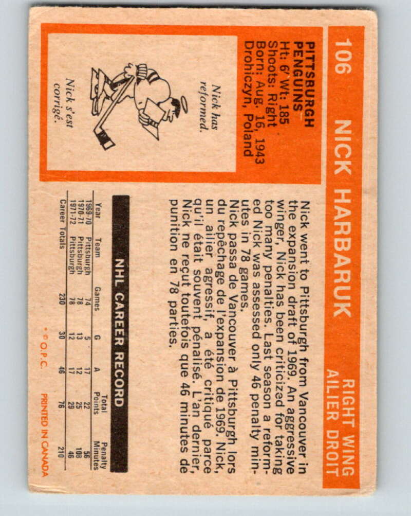1972-73 O-Pee-Chee #106 Nick Harbaruk Pittsburgh Penguins V3765