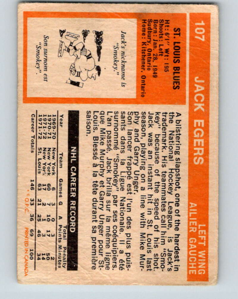 1972-73 O-Pee-Chee #107 Jack Egers RC Rookie St. Louis Blues V3766
