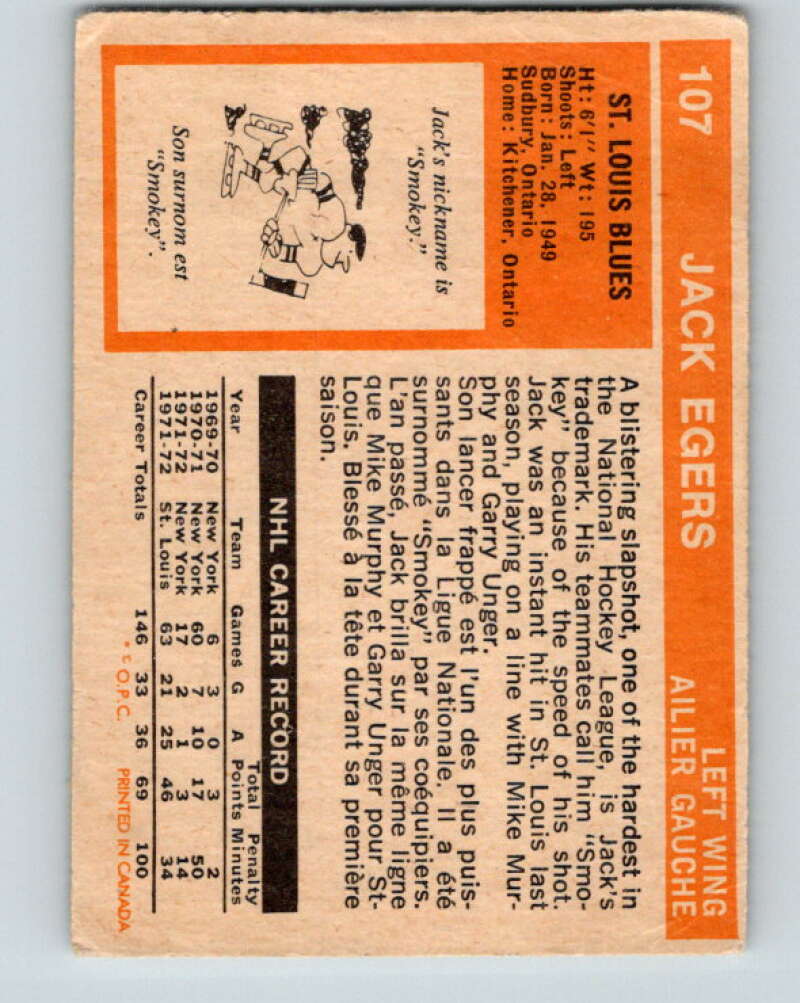 1972-73 O-Pee-Chee #107 Jack Egers RC Rookie St. Louis Blues V3767