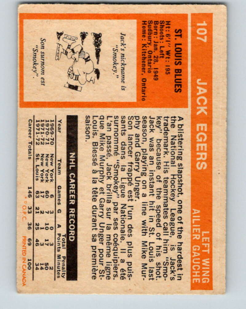 1972-73 O-Pee-Chee #107 Jack Egers RC Rookie St. Louis Blues V3768