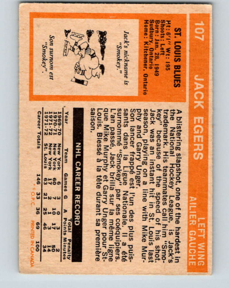 1972-73 O-Pee-Chee #107 Jack Egers RC Rookie St. Louis Blues V3769