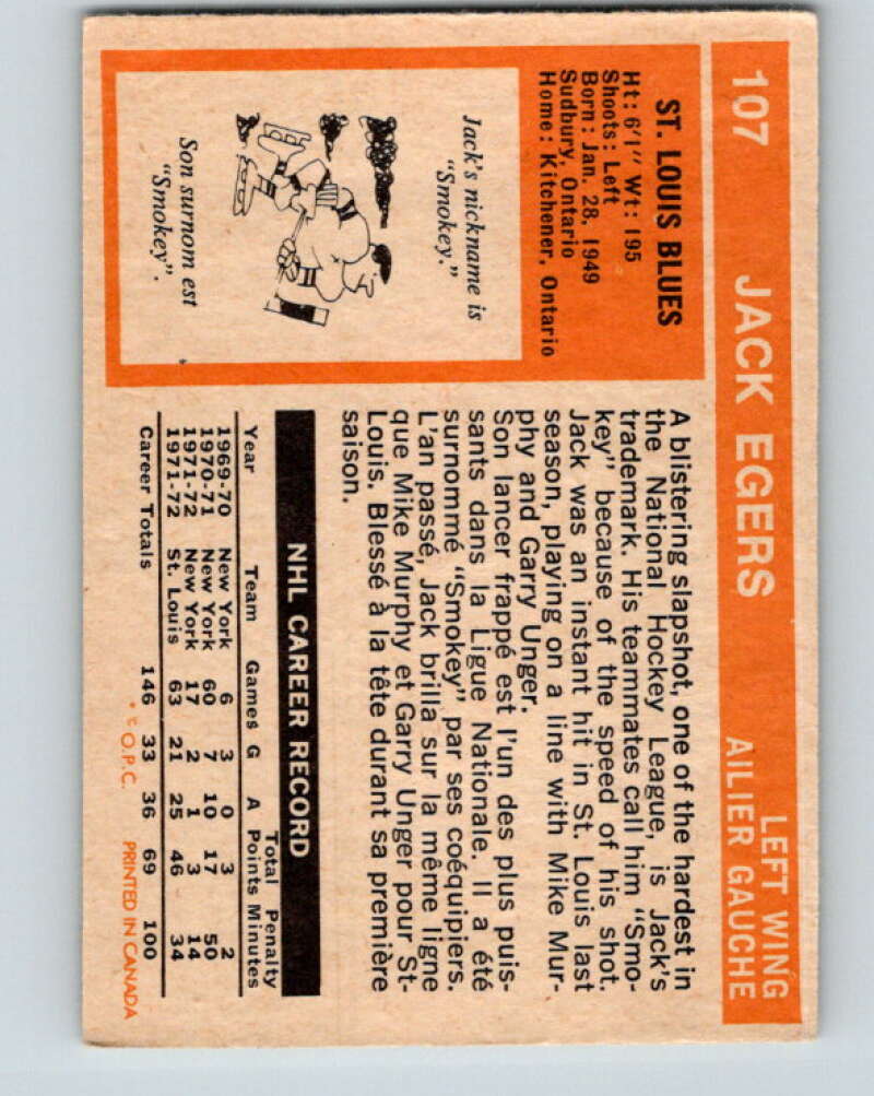 1972-73 O-Pee-Chee #107 Jack Egers RC Rookie St. Louis Blues V3770