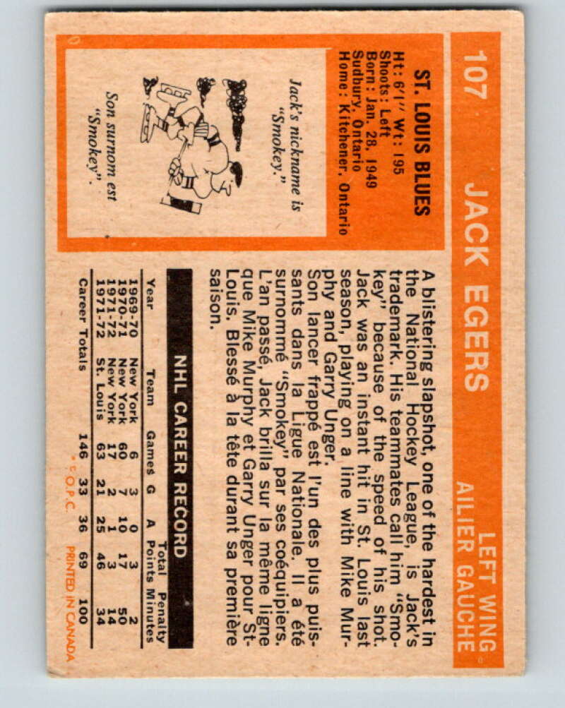 1972-73 O-Pee-Chee #107 Jack Egers RC Rookie St. Louis Blues V3771