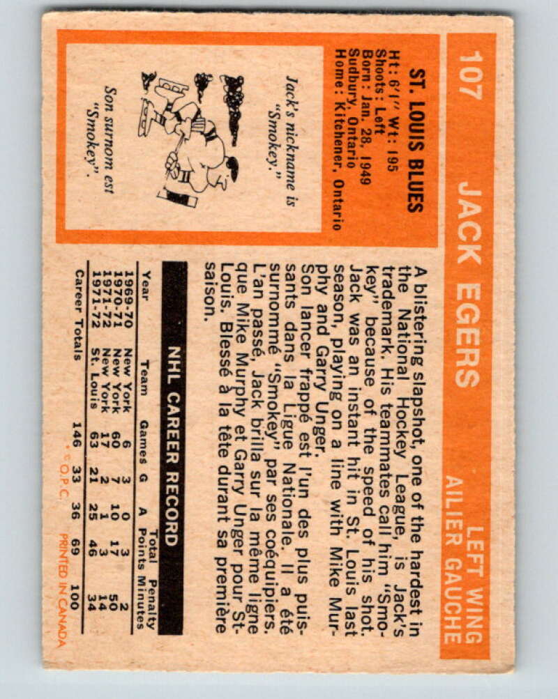 1972-73 O-Pee-Chee #107 Jack Egers RC Rookie St. Louis Blues V3772
