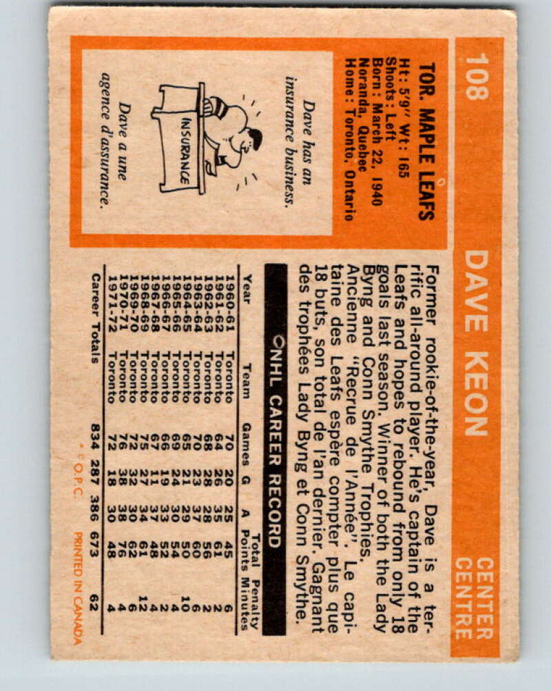 1972-73 O-Pee-Chee #108 Dave Keon Toronto Maple Leafs V3773