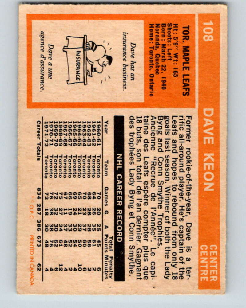 1972-73 O-Pee-Chee #108 Dave Keon Toronto Maple Leafs V3774