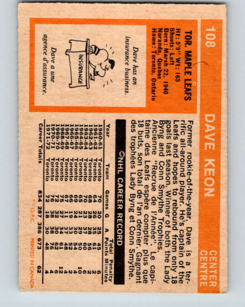 1972-73 O-Pee-Chee #108 Dave Keon Toronto Maple Leafs V3775