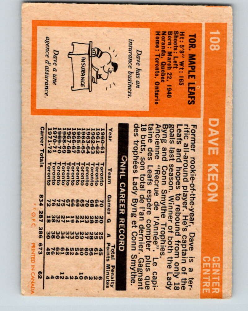 1972-73 O-Pee-Chee #108 Dave Keon Toronto Maple Leafs V3776